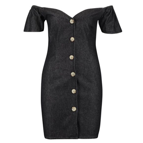 EC BOOHOO BLACK LINEN BLEND OFF SHOULDER SWEETHEART CUT DRESS SZ. 10 - Picture 1 of 4